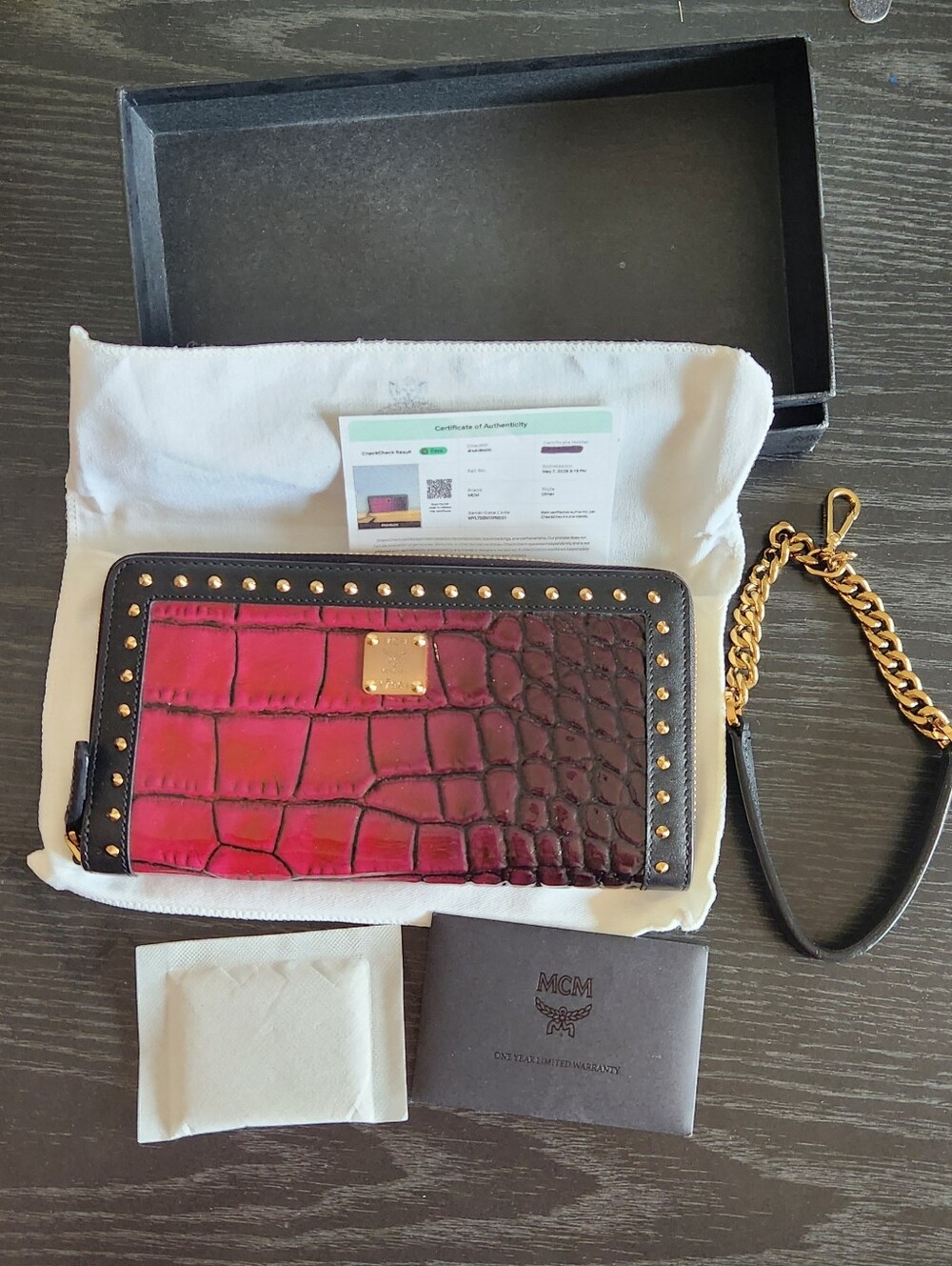 NWT MCM Croc-Embossed Ombre Zip Wallet/ Clutch Deep Burgundy with Gold Studs